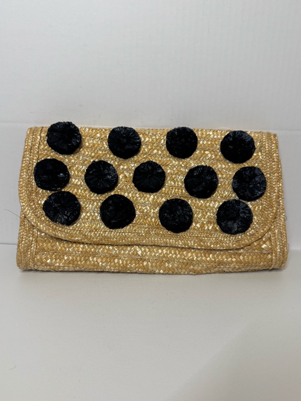 Ann Taylor Straw Raffia Clutch Black Pom Pom Fold Over Envelope Bag